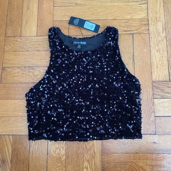 FASHION NOVA NWT Amore Black Sequin Top - Size L - Picture 4 of 9